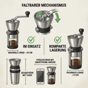 Infographic illustration displaying the compact storage size comparison of a reise kaffeemühle faltbar.