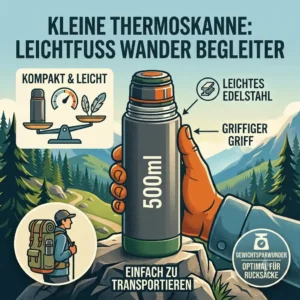 Graphic representation of a lightweight stainless steel thermoskanne klein wandern for hiking with weight specifications.
