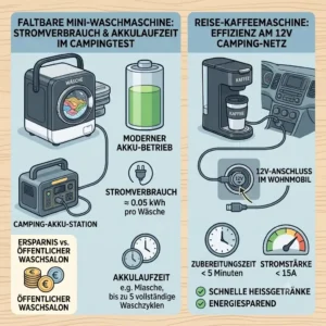 Infografik zum Stromverbrauch einer tragbaren Maschine im Urlaubstest bei der Nutzung mit einer Powerstation beim Camping.