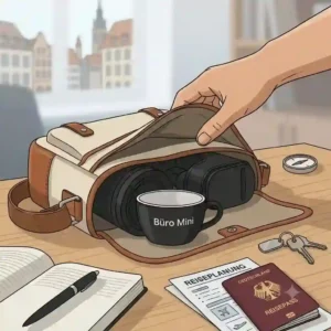 An illustration showing a travel coffee maker office mini being conveniently packed inside a professional business bag for portability.