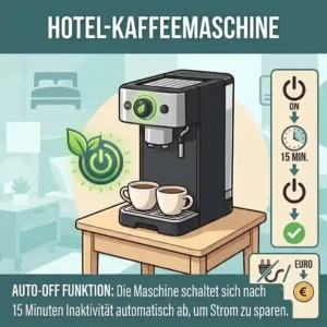 Eco-friendly illustration explaining the energy-saving automatic shut-off feature of the hotel kaffeemaschine 2 tassen mini.