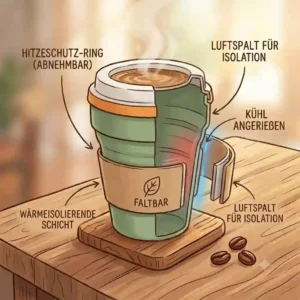 Technical infographic displaying the heat resistant removable sleeve of a faltbare kaffeetasse silikon