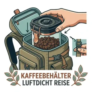 Demonstration showing how the kaffeebehälter luftdicht reise fits perfectly inside a trekking backpack.
