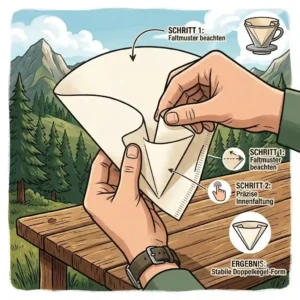 A travel backpack showing a kaffeefilter papier reise pack tucked neatly into the side pocket for a hiking trip.