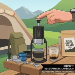 A 12V portable "kompakte kaffeemaschine reise 2026" plugged into the cigarette lighter socket of a campervan.