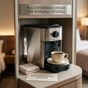 A space-saving mini kaffeemaschine hotel sicher integrated into a small hotel room kitchenette niche.