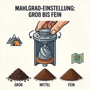 An infographic guide showing how to switch settings from fine to coarse for the mini kaffeemühle hand test.