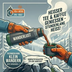 A thermoskanne klein wandern being used during a winter hike, pouring steaming hot tea into a mug.