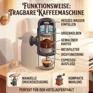 Eine detaillierte Skizze zur Funktionsweise einer tragbaren Espressomaschine für unterwegs im Hotelzimmer.