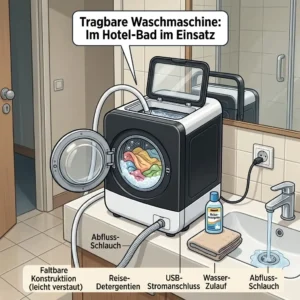 Eine tragbare Waschmaschine im Urlaubstest beim Reinigen von T-Shirts im Hotel-Badezimmer.