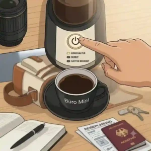 Close-up view of the simple one-button operation on a travel coffee maker office mini.