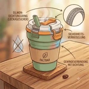 Detailed diagram showcasing the leak-proof silicone lid and sealing mechanism of a faltbare kaffeetasse silikon