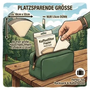 Size comparison illustration demonstrating how flat a kaffeefilter papier reise pack is to save space in a bag.