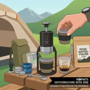 A hiker using a lightweight and collapsible pour-over "kompakte kaffeemaschine reise 2026" setup while backpacking.
