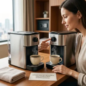 A hotel guest easily and safely operating a mini kaffeemaschine hotel sicher in their room.