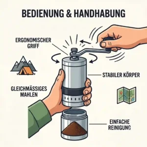A visual guide highlighting the comfortable grip and smooth handle operation for the mini kaffeemühle hand test.