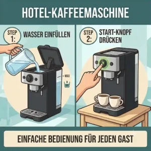 Simple step-by-step graphic guide showing guests how to operate the hotel kaffeemaschine 2 tassen mini.