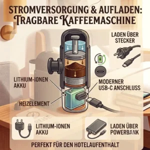 Grafische Darstellung einer kleinen Kaffeemaschine mit Akku und USB-C-Anschluss zum einfachen Laden auf Reisen.