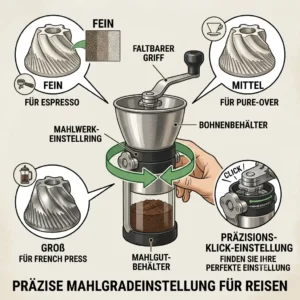 Instructional illustration on how to adjust the grind setting of a reise kaffeemühle faltbar.