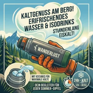 Illustration of a thermoskanne klein wandern during a summer hike filled with refreshingly cold drinks and ice cubes.
