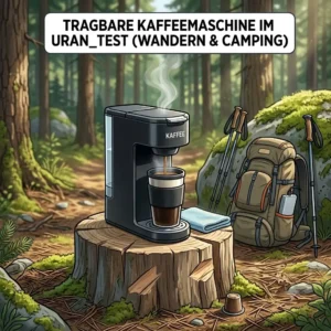 Tragbare Kaffeemaschine im Urlaub Test beim Wandern im Wald für schnellen Espresso ohne Steckdose.