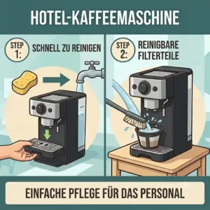 Instructional diagram showing how to clean the removable drip tray and filter of the hotel kaffeemaschine 2 tassen mini.