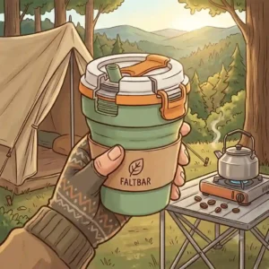 Outdoor camping scene with a traveler holding a faltbare kaffeetasse silikon near a tent and portable stove