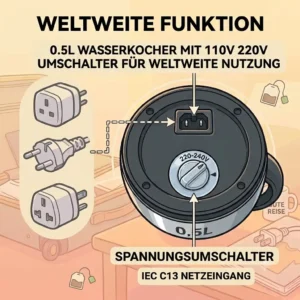 An illustration highlighting the safety icons (auto shut-off/boil-dry protection) of the wasserkocher reise 0.5l.