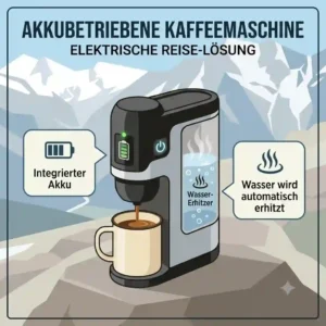 A portable battery powered coffee maker heating water automatically, creating a convenient kaffee überall unterwegs lösung on trips.