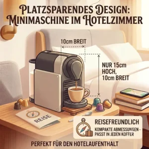 Vergleichsgrafik zwischen Kapsel-, Filter- und manueller Espressozubereitung mit einer kleinen Reise-Kaffeemaschine im Hotel.