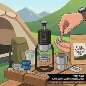 A close-up view of freshly brewed espresso with thick crema in a travel cup, made using a "kompakte kaffeemaschine reise 2026".