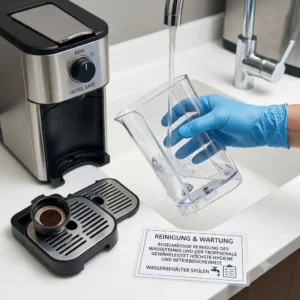 Showing the easy cleaning process of the removable water tank of a mini kaffeemaschine hotel sicher.