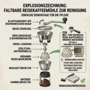 Exploded view illustration showing the disassembled parts of a reise kaffeemühle faltbar for cleaning.