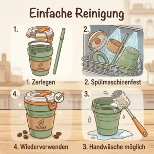 Step-by-step cleaning guide illustration for a dishwasher safe faltbare kaffeetasse silikon