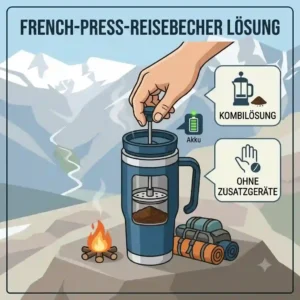 A travel press mug brewing coffee directly, acting as a smart kaffee überall unterwegs lösung without extra equipment.