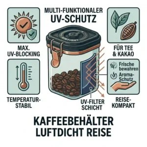 Visual graphic showing the light-blocking UV protection features of the kaffeebehälter luftdicht reise.