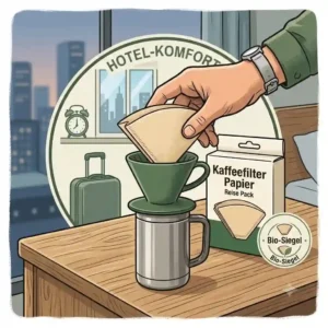 Minimalist illustration of a kaffeefilter papier reise pack placed on a nightstand inside a modern hotel room.