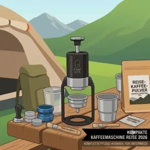 A traveler cleaning the modular and easy-to-wash components of a "kompakte kaffeemaschine reise 2026" on the go.