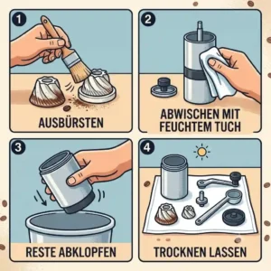 A step-by-step diagram showing how to brush and safely clean the unit for the mini kaffeemühle hand test.