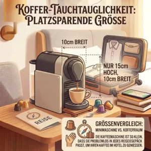 Illustration einer platzsparenden Mini-Kaffeemaschine auf dem kleinen Schreibtisch eines Hotelzimmers.