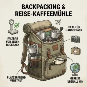 Graphic illustration of a reise kaffeemühle faltbar packed efficiently inside a travel backpack.