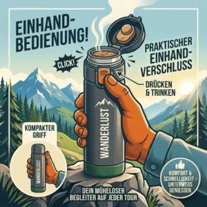 Illustration of a hand effortlessly opening a thermoskanne klein wandern with a one-handed closure while hiking.