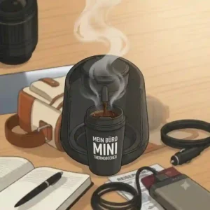 Illustration of the rapid brewing process of a travel coffee maker office mini directly into a travel mug.