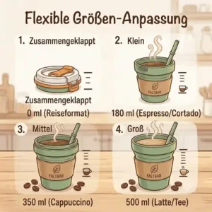 Capacity comparison chart displaying four different adjustable volume levels of a faltbare kaffeetasse silikon