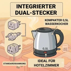 A graphic scene showing different uses of the versatile wasserkocher reise 0.5l, including hotel use, camping, and office.