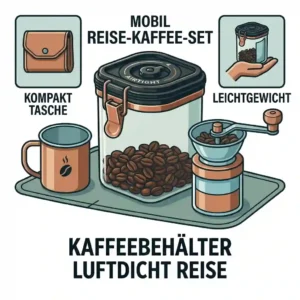 Illustration of a portable coffee setup including a manual grinder and the kaffeebehälter luftdicht reise.