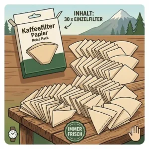 Infographic displaying the full contents of a kaffeefilter papier reise pack with individual paper filters laid out.