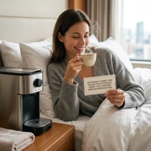 A happy hotel guest relaxing in bed and drinking fresh coffee from a mini kaffeemaschine hotel sicher.