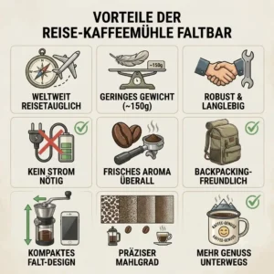 Infographic chart outlining the main outdoor benefits of using a reise kaffeemühle faltbar.