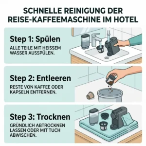 Schritt-für-Schritt-Anleitung zur schnellen und unkomplizierten Reinigung einer kleinen Reise-Kaffeemaschine im Hotel-Bad.